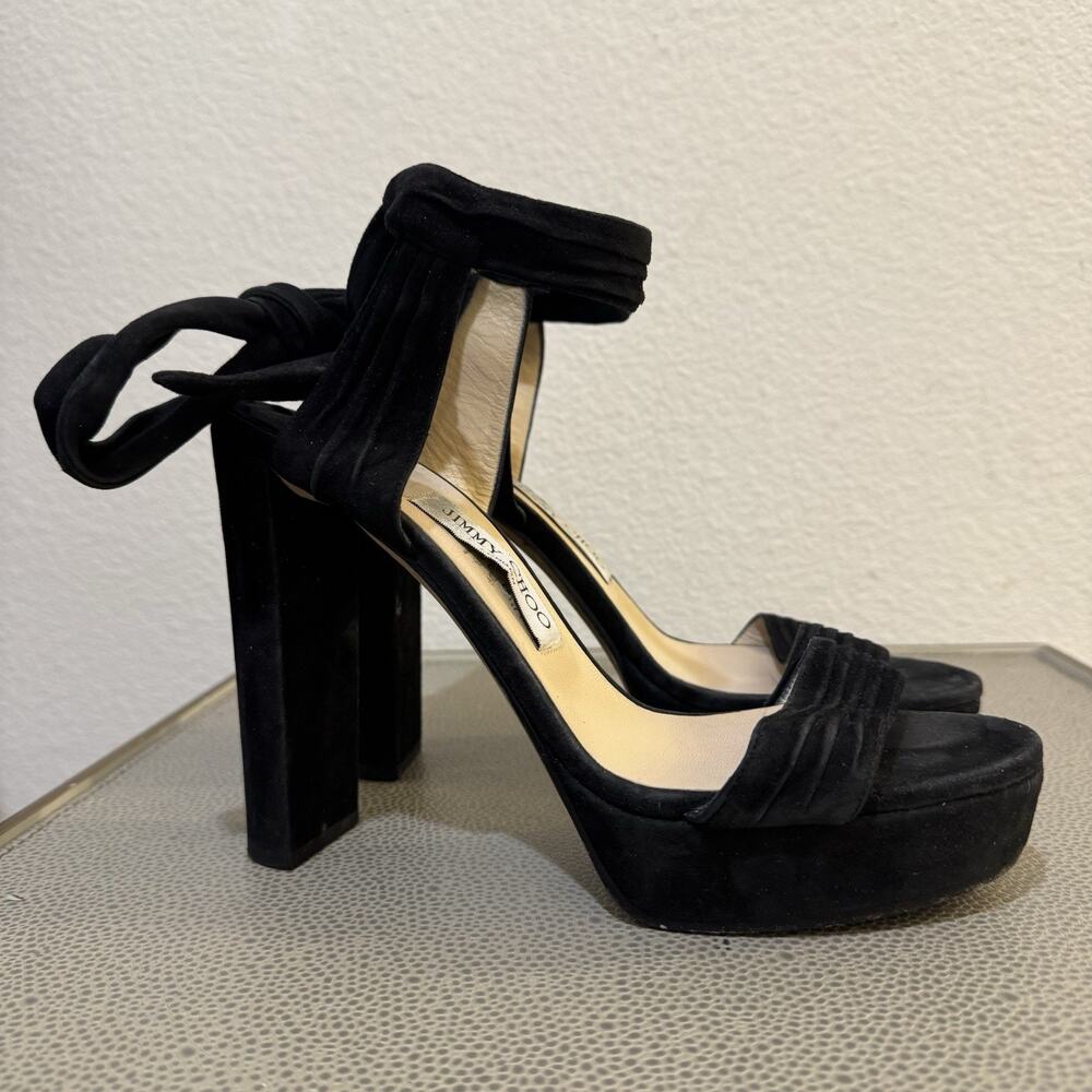 JIMMY CHOO KAYTRIN Black Suede Ankle Tie Platform Heels Sandals Size 39.5